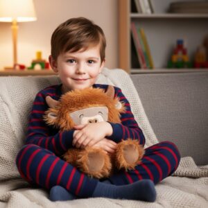 Smiling young boy in striped pyjamas cuddling a fluffy brown Highland Cow hot water bottle cover on a grey sofa, illuminated by a warm lamp light, creating a cosy atmosphere.