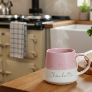 Handcrafted ceramic mug with a two-tone design: soft pink upper half with speckles and a clean white base, engraved with the custom name 'Charlotte', resting on a wooden worktop in a traditional kitchen with a steaming beverage.