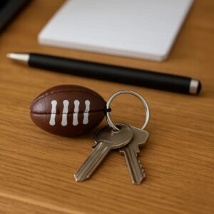 Small, textured rugby ball keyring with a silver ring, resting on a wooden side table in a home entryway.