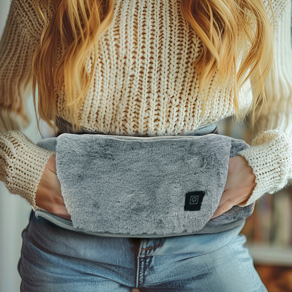Close-up of a woman in a cream knitted jumper wearing a grey faux fur therapeutic heated belt around her waist, holding it with her hands for comforting warmth and pain relief.