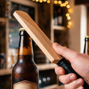 Handcrafted wooden cricket bat bottle opener featuring a classic blue and red taped handle