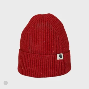 A bright red, rib-knit wool beanie with a flecked, textured nep yarn finish. The beanie has a folded cuff and is displayed against a clean, neutral background.
