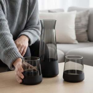 A modern, minimalist decanter and two-tumbler set. Crafted from smoked grey glass with a matte black base—perfect for weddings, housewarmings, or elevating your home bar.