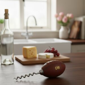A vintage-style leather rugby ball corkscrew resting on a wooden table, featuring gold-lettered 'DB' initials, positioned next to a wine bottle, a wooden cheese board with cheese and grapes, and a kitchen sink in the soft-focus background.