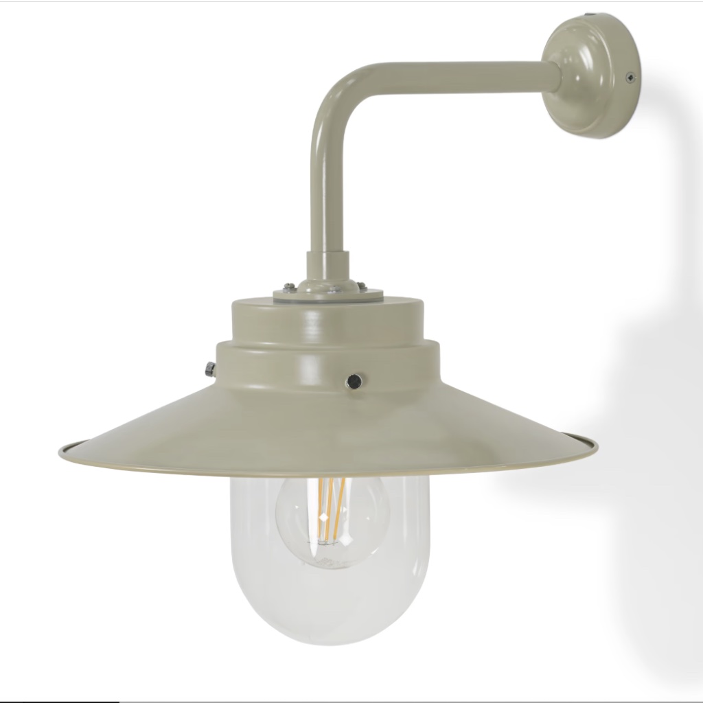 Side profile of the industrial steel HMS Belfast inspired outdoor deck light in Clay, showing the curved wall arm.