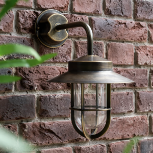 Antique brass outdoor wall light with a storm lamp-inspired cage and clear glass shade, mounted on a red brick wall.